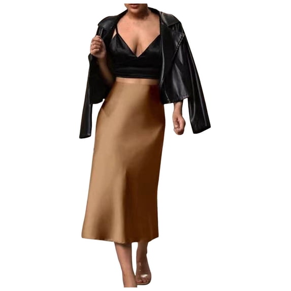 Bmisegm Womens Satin Slim Skirt Solid Color Length Fishtail Skirt Womens Skirts Brown XL