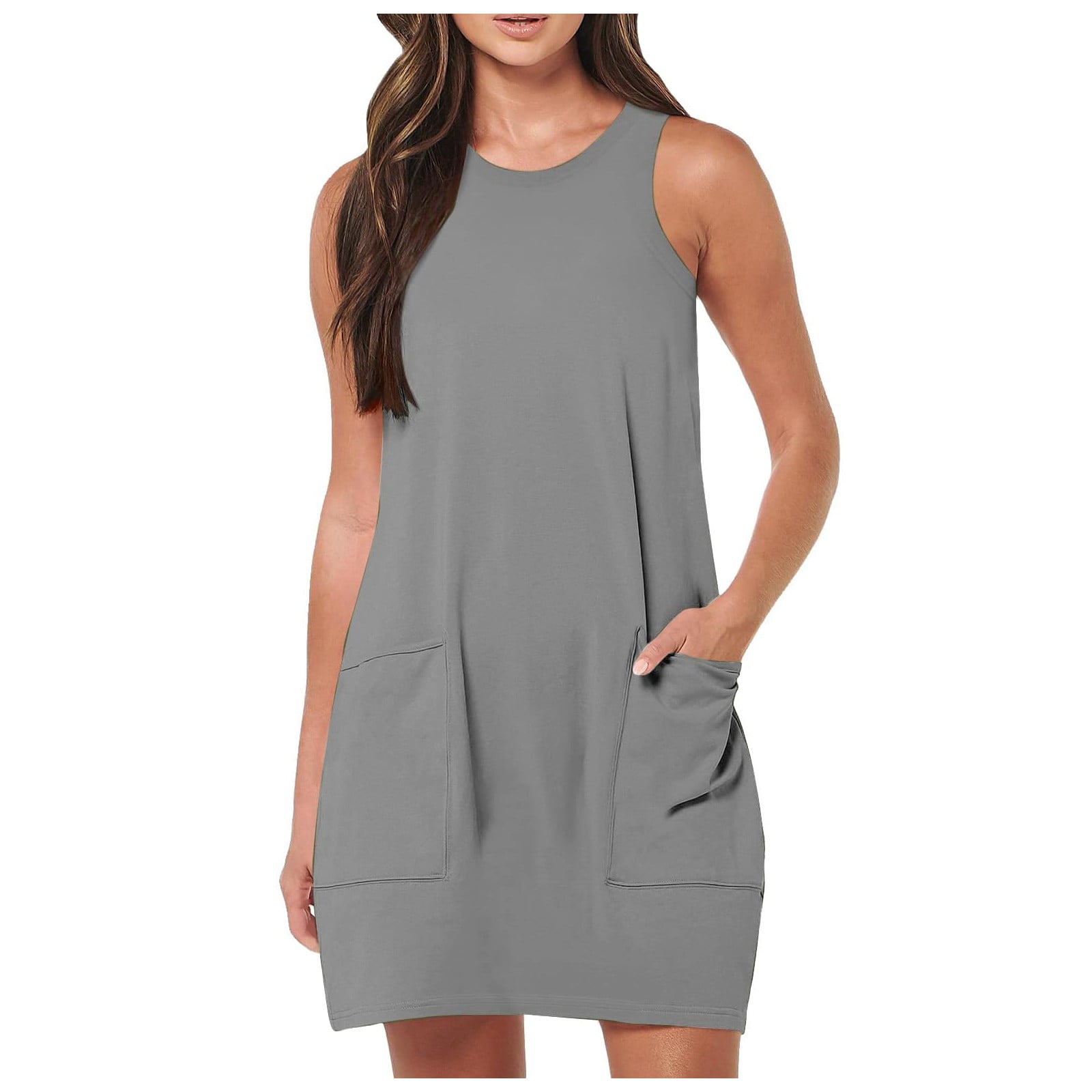 BYHONG Womens Sleeveless Mini Tank Dress Casual Workout Sport Tennis Athletic with 2 Pockets Dress Tee Shirt Dress Knee Length Summer Dresses for Women Grey M