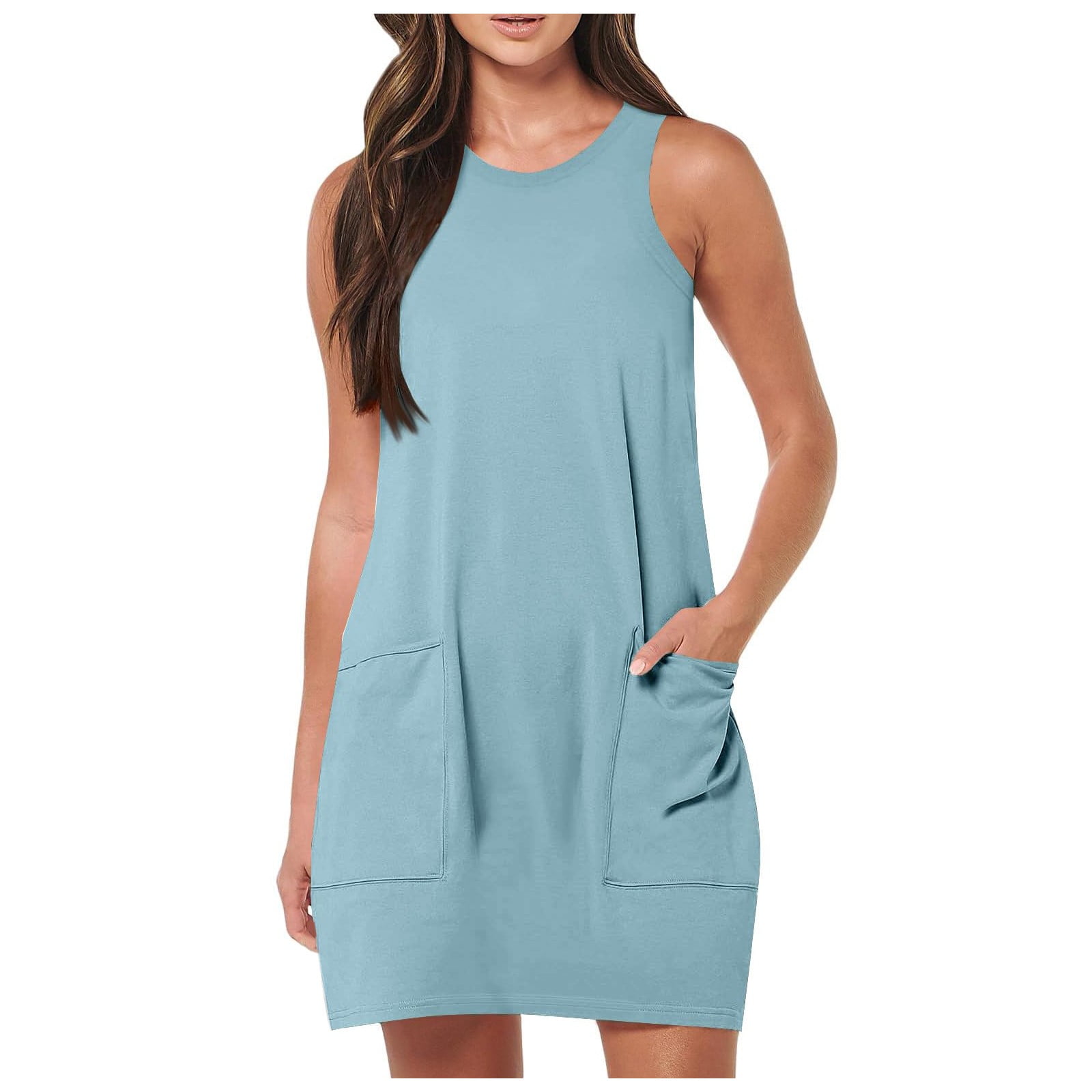 BYHONG Womens Sleeveless Mini Tank Dress Casual Workout Sport Tennis Athletic with 2 Pockets Dress Tee Shirt Dress Knee Length Summer Dresses for Women Light Blue XL