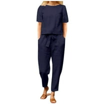 BYHONG Womens Summer Solid Color Casual Pants for Women Linen Short Sleeve Round Neck Loose Wide Leg Pants Suit Womens Pant Suits Blue XXL