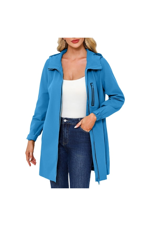 BYHONG Womens Trench Coat Hooded Long Sleeved Spring and Autumn Jacket Loose Casual Windproof Jacket Blue L