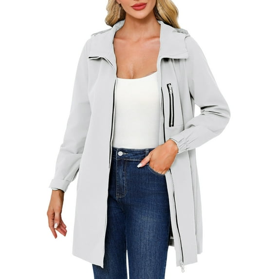 BYHONG Womens Trench Coat Hooded Long Sleeved Spring and Autumn Jacket Loose Casual Windproof Jacket Silver XXXL