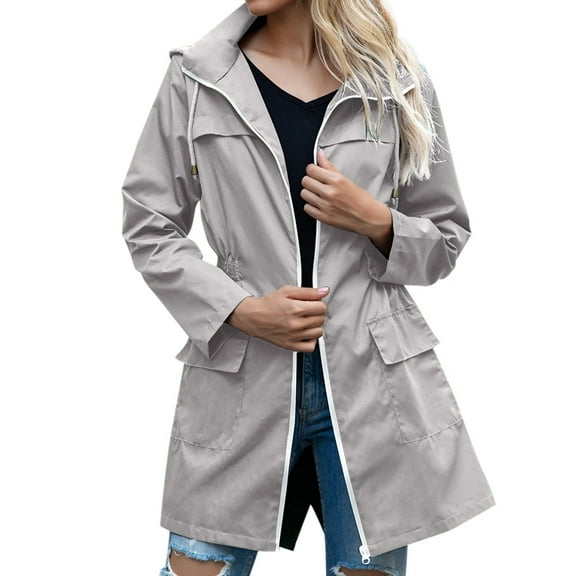 BYHONG Womens Trench Coat Women's Autumn Winter Hooded Rain Jacket with Adjustable Waist Outdoor Climbing Coat Lightweight Rainwear for Hiking and Travel Gray L