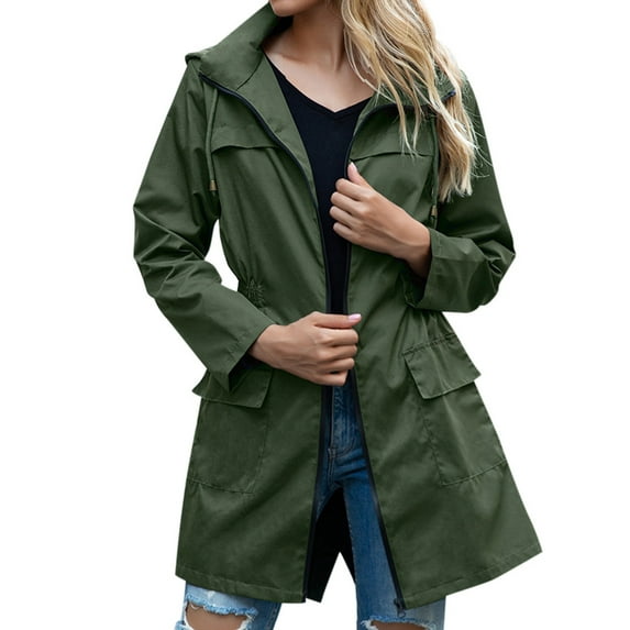 BYHONG Womens Trench Coat Women's Autumn Winter Hooded Rain Jacket with Adjustable Waist Outdoor Climbing Coat Lightweight Rainwear for Hiking and Travel Green L
