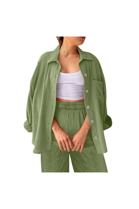 BYHONG Womens Wide Leg Pants with Pockets Elastic Pants Sets Casual V Neck Blouses Womens Pant Suits Light Green S