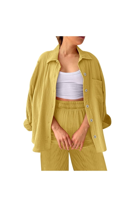BYHONG Womens Wide Leg Pants with Pockets Elastic Pants Sets Casual V Neck Blouses Womens Pant Suits Yellow M