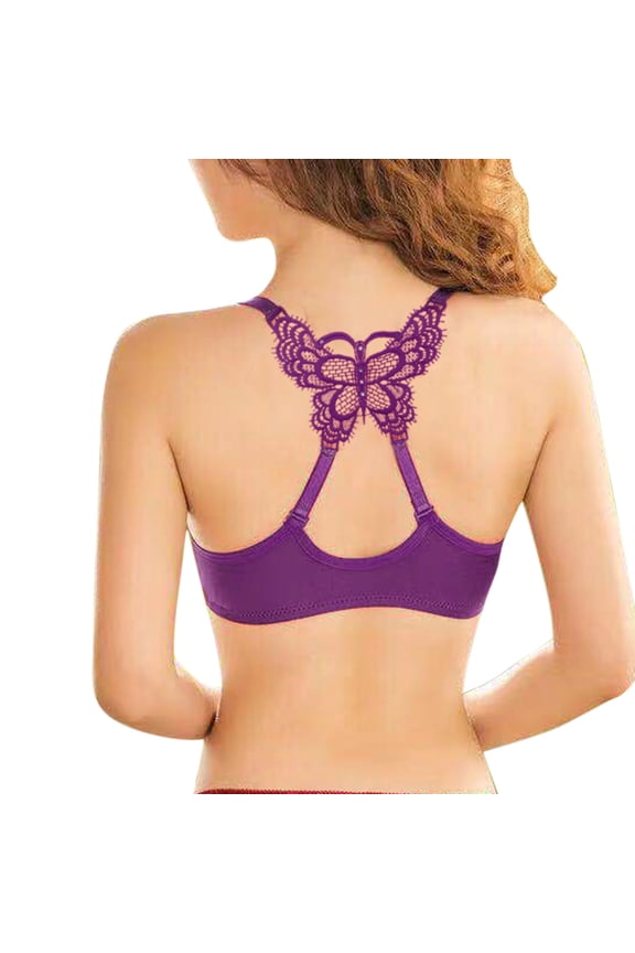 Womens Y Shape Beautiful Back Ultra Gather Butterfly Lace Glossy Bra Bra Bra for Women Purple 34