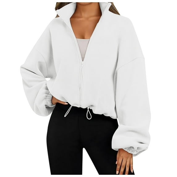 BYHONG Zip Up Hoodie Women Oversized Sweatshirt Cropped Jacket Trendy Jacket Workout Coat Womens Winter Coat White XL