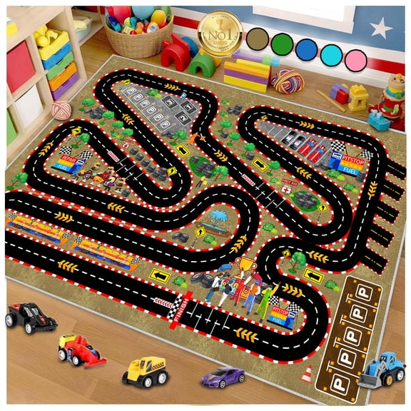 BYINGWD Kids Car Rug for Play Toy Cars, 63''x94'' Race Track Playmat Carpet Kid Play Road Rugs for Playroom Classroom Kids Room,Karting Road Racing Track Floor Mat Rug for Bedroom.