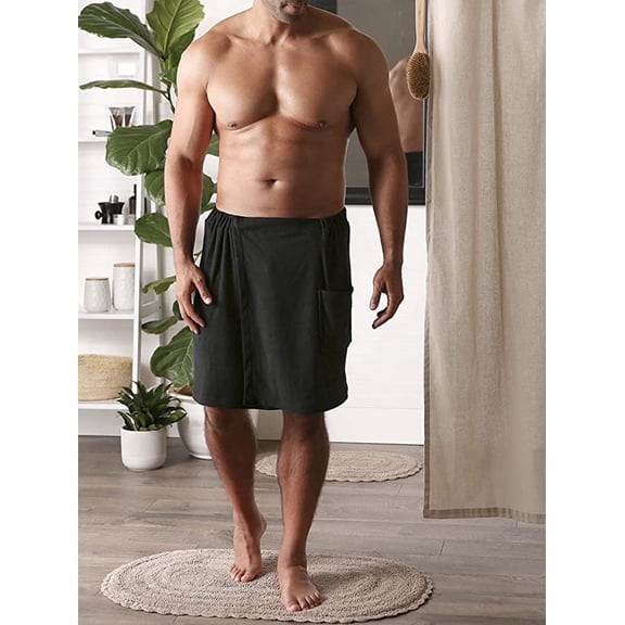 BYLORA Mens bath towels Wrap Adjustable Cotton Terry Shower Wrap Collection with Velcro and Pocket - Black Color-One Size