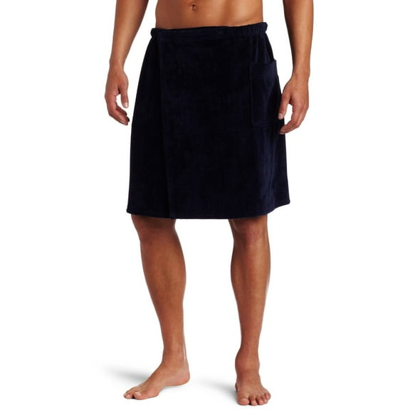 BYLORA Mens bath towels Wrap Adjustable Cotton Terry Shower Wrap Collection with Velcro and Pocket - Navy Blue-One Size