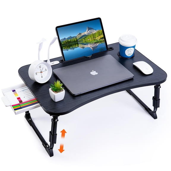 BYMECOST Laptop Desk for Bed, Height Adjustable Laptop Bed Table, Foldable Portable Lap Desk Stand with USB/Storage Drawer/Cup Holder/Slot, Breakfast Tray for Working Reading Writing Eating