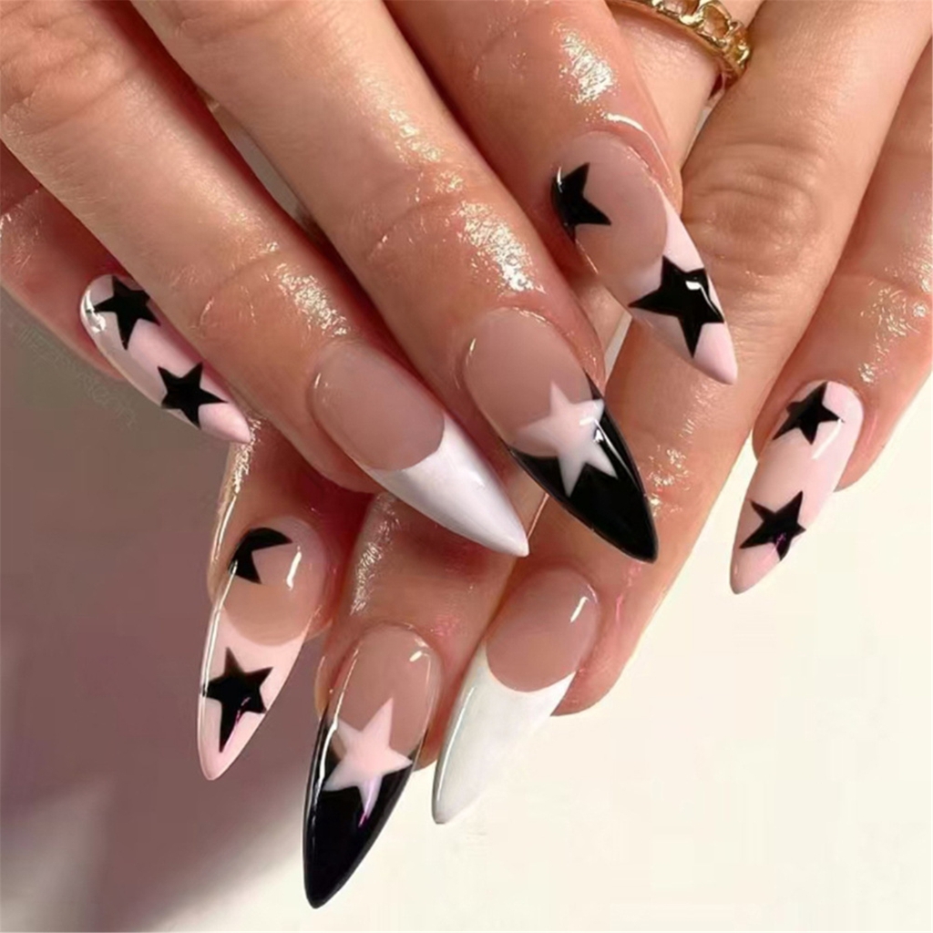 BYNNIX Almond Press on Nails Glossy Fake Nails Stick on Nails in 12 Sizes,24Pcs French Nails Tips for Nails Art Decorations