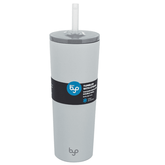 BYO 24 oz Stainless Steel Tumbler with Straw, Double Wall Vacuum Insulated Travel Cup, BPA-Free Reusable Water Tumbler, Keeps Drinks Cold & Hot, Gray