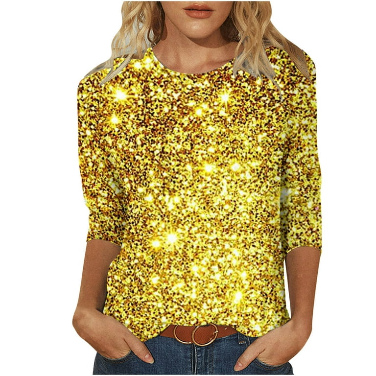 BYOIMUD Blouse for Womens Savings Cute Basic Tees Tops for Daily Bright Print 3 4 Sleeve Crewneck Summer Tops Teen Girl Gifts Trendy Stuff Yellow XXL