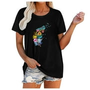 BYOIMUD Clothing Clearance Summer Leisure Loose T Shirt for Women Feather Graphic Short Sleeve Pullover Shirt Teens Juniors Tees Summer Blouse Black