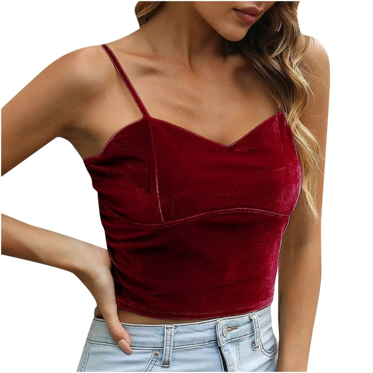 BYOIMUD Clothing Clearance Under 5 Sexy Velvet Crop Cami Top for Women  Summer Spaghetti Strap V Neck Blouse Top Slim Fit Night Out Clubwear  Streetwear