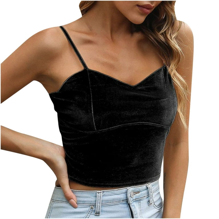 BYOIMUD Clothing Clearance Under 5 Sexy Velvet Crop Cami Top for Women  Summer Spaghetti Strap V Neck Blouse Top Slim Fit Night Out Clubwear  Streetwear Black 