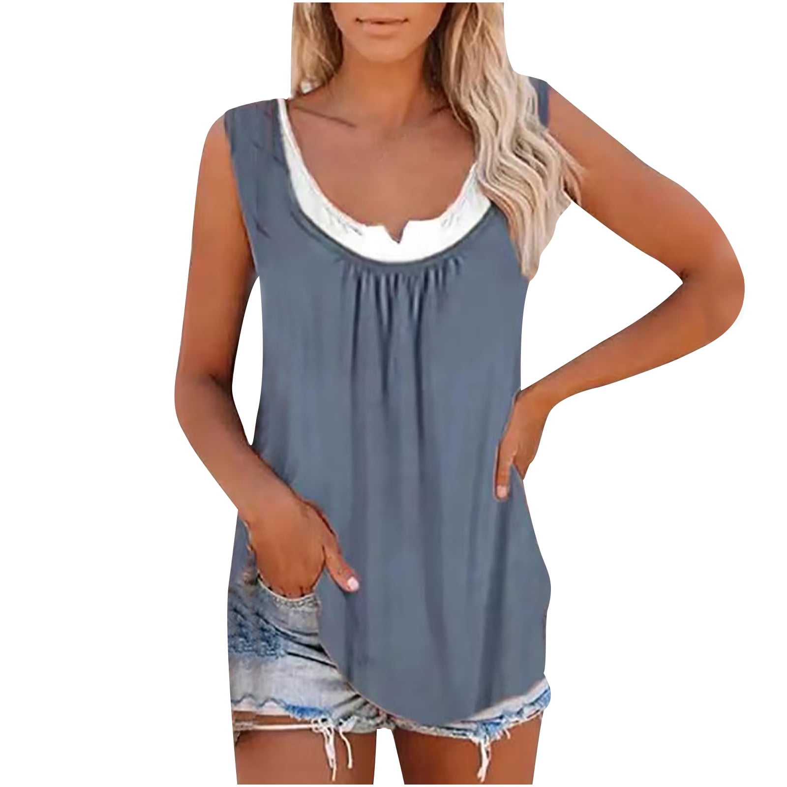 BYOIMUD Clothing Discount Women Tank Tops Summer Patchwork Swing Pleated  Shirts Leisure Sleeveless Tunic Blouse Loose Fit Pullover Tees Vest Top  Brown
