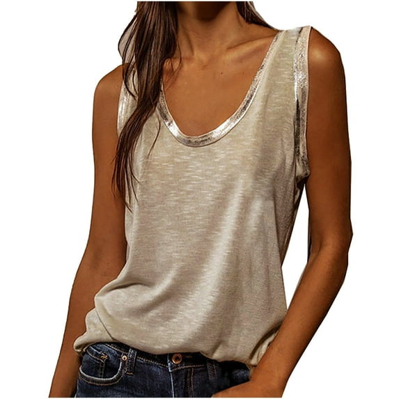BYOIMUD Clothing Workout Summer Sleeveless Blouse Top for Women Metallic Trim Colorblock Scoop Neck Pullover Tees Leisure Loose Shirts