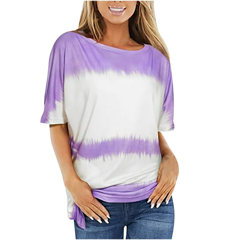 BYOIMUD Clothing Sales Summer Leisure Tie Dye Colorblock T Shirt for Women Loose Fit Short Sleeve Pullover Blouse Basic Tees Shirt Blouse Purple