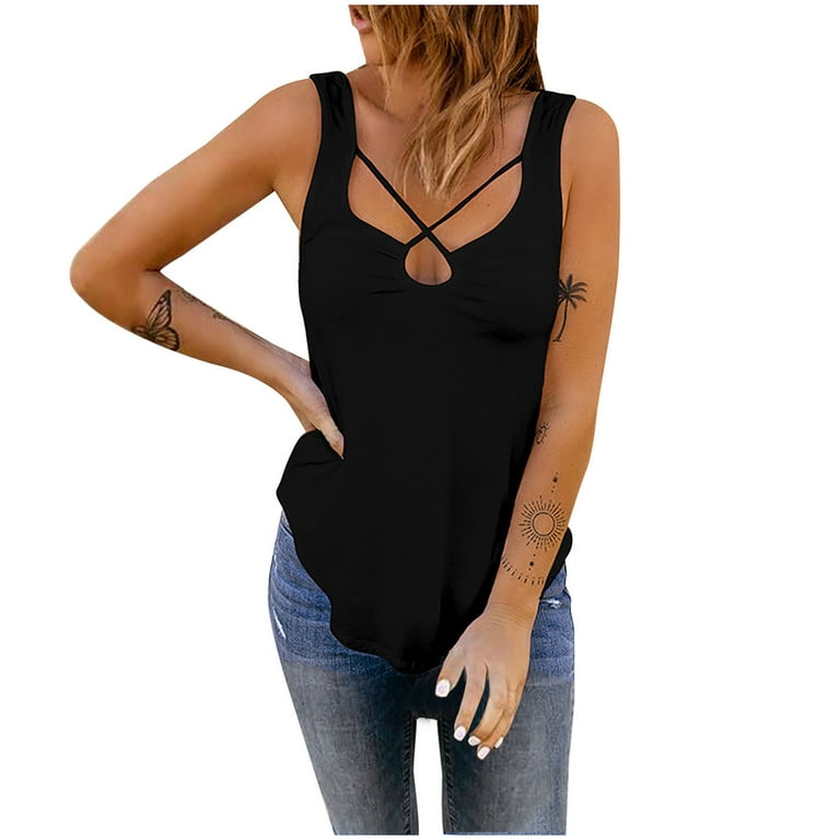 BYOIMUD Clothing Sales Workout Blouse Top for Women Keyhole Front Cross  Sleeveless Tunic T Shirt Comfy Loose Blouse Jumper Tees Army Green 