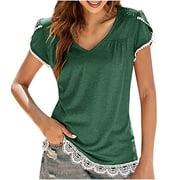 BYOIMUD Clothing Summer Sale Lace Trim Summer Blouse for Women Leisure V Neck Petal Short Sleeve Shirts Lounge Loose Fit Tee Shirts Blouse Top Tees Army Green