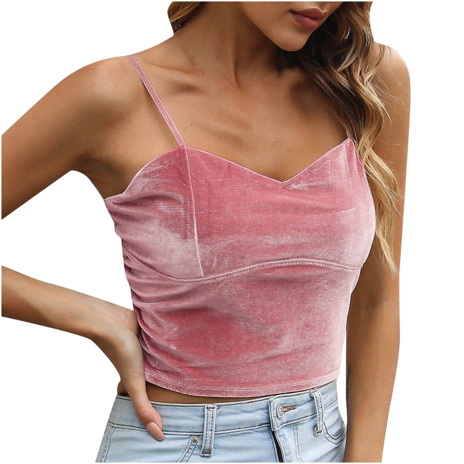 BYOIMUD Clothing Summer Sale Sexy Velvet Crop Cami Top for Women Summer  Spaghetti Strap V Neck Blouse Top Slim Fit Night Out Clubwear Streetwear  Black