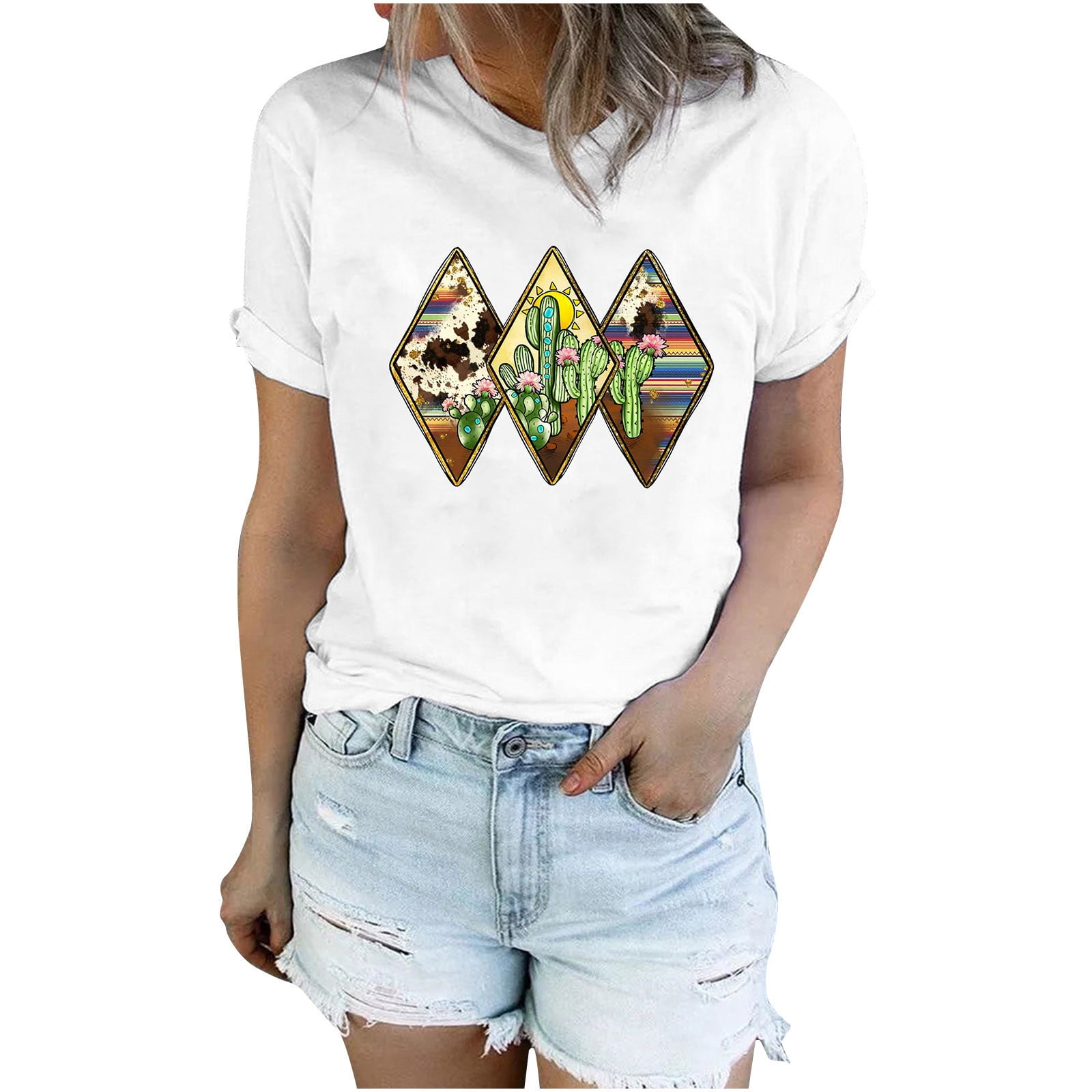 BYOIMUD Clothing Summer Sale Summer Shirts for Women, Womens Plant Cactus  Pattern Cute Tee Shirts Leisure Crewneck Short Sleeve Pullover Tees Black