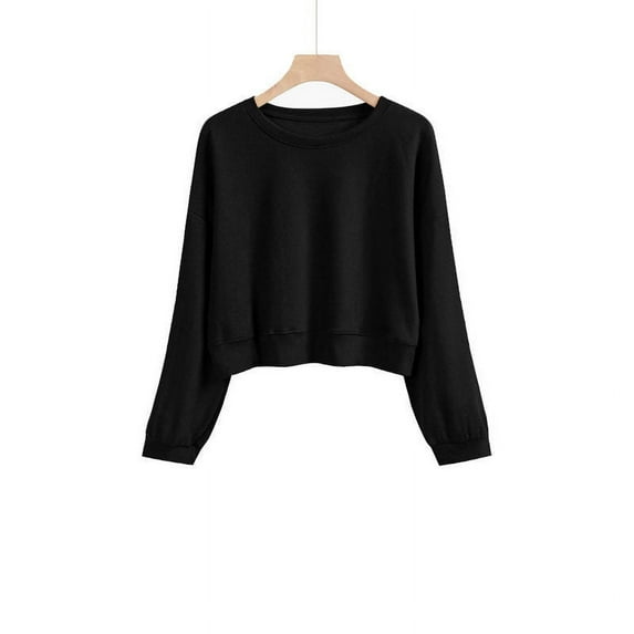 BYOIMUD Oversized T Shirts Teen Girls Trendy Clothing Womens Fall Fashion Crewneck Sweatshirts Solid Color Pullover Gifts for Women Long Sleeve Shirts Crops Tops Black M
