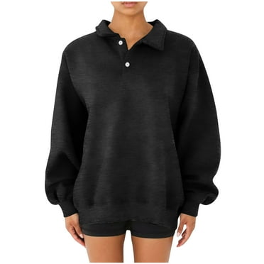 BYOIMUD Sweatshirts for Women V Neck Lapel Buttons Pullover Solid Color Basic Tops Casual Loose Fit Blouse Fall Winter Tops