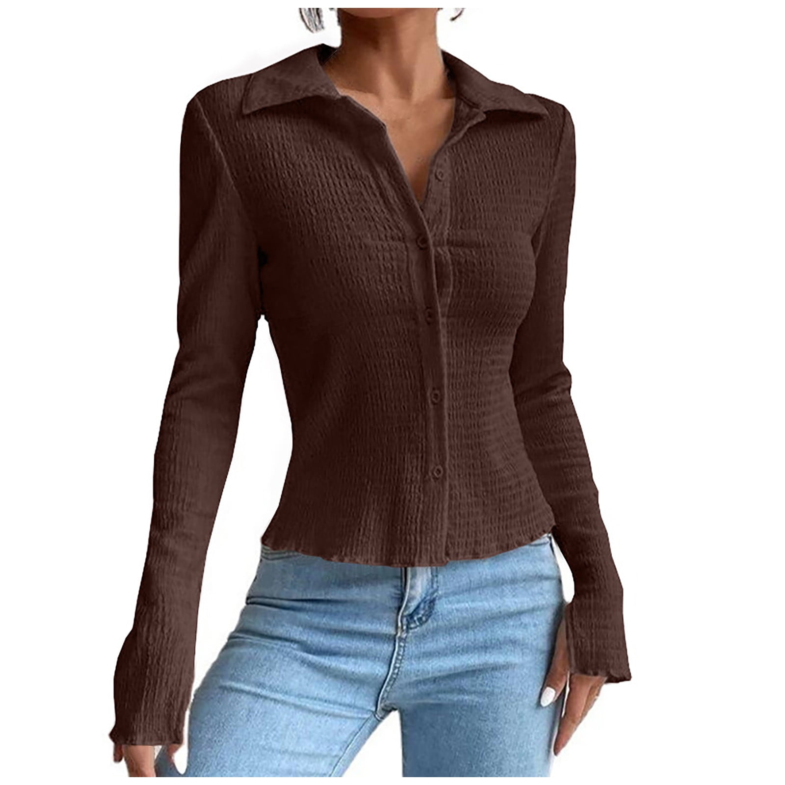 Teen Girls Trendy Clothing Solid Color Pullover Elegant Tops Gifts for Women Crewneck Sweatshirts Long Sleeve Turndown Collar Shirtss Fall Fashion 2023 Oversized T Shirts Brown S