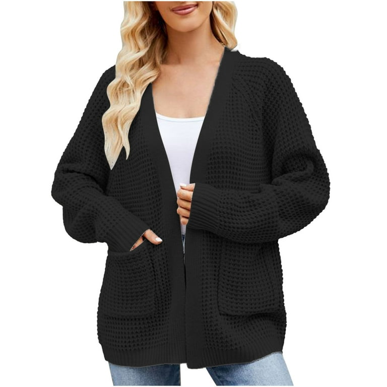 BYOIMUD Women s Comfortable Sweater Clearance Solid Color Lightweight Oversized Y2K Clothes Fashion 2023 Long Sleeve V Neck with Buttons Plus Size Waffle Knitting Cardigan Black XXL Walmart