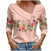 BYOIMUD Women's Comfortable Sweatshirt Savings Floral Print Blouse Long Sleeve V Neck with Buttons Plus Size Casual Loose Cute Clothes Fashion 2023 Pink XXXL