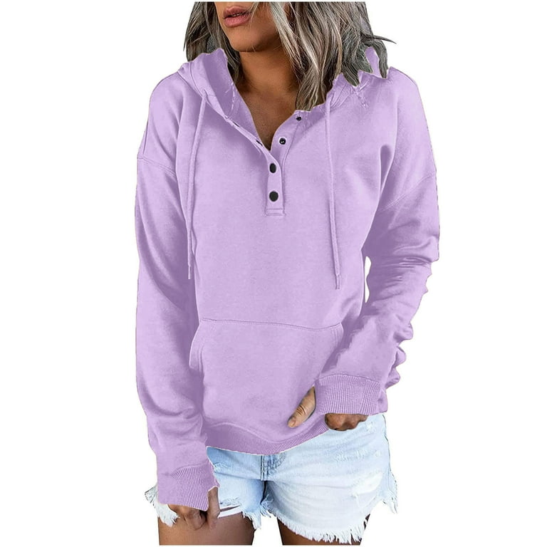BYOIMUD Women's Comfortable Sweatshirt With Thumb Hole Savings Solid Color  Pullover with Kangaroo Pocket Loose Fashion 2023 Long Sleeve Drawstring  Hoodies with Buttons Plus Size Purple S 