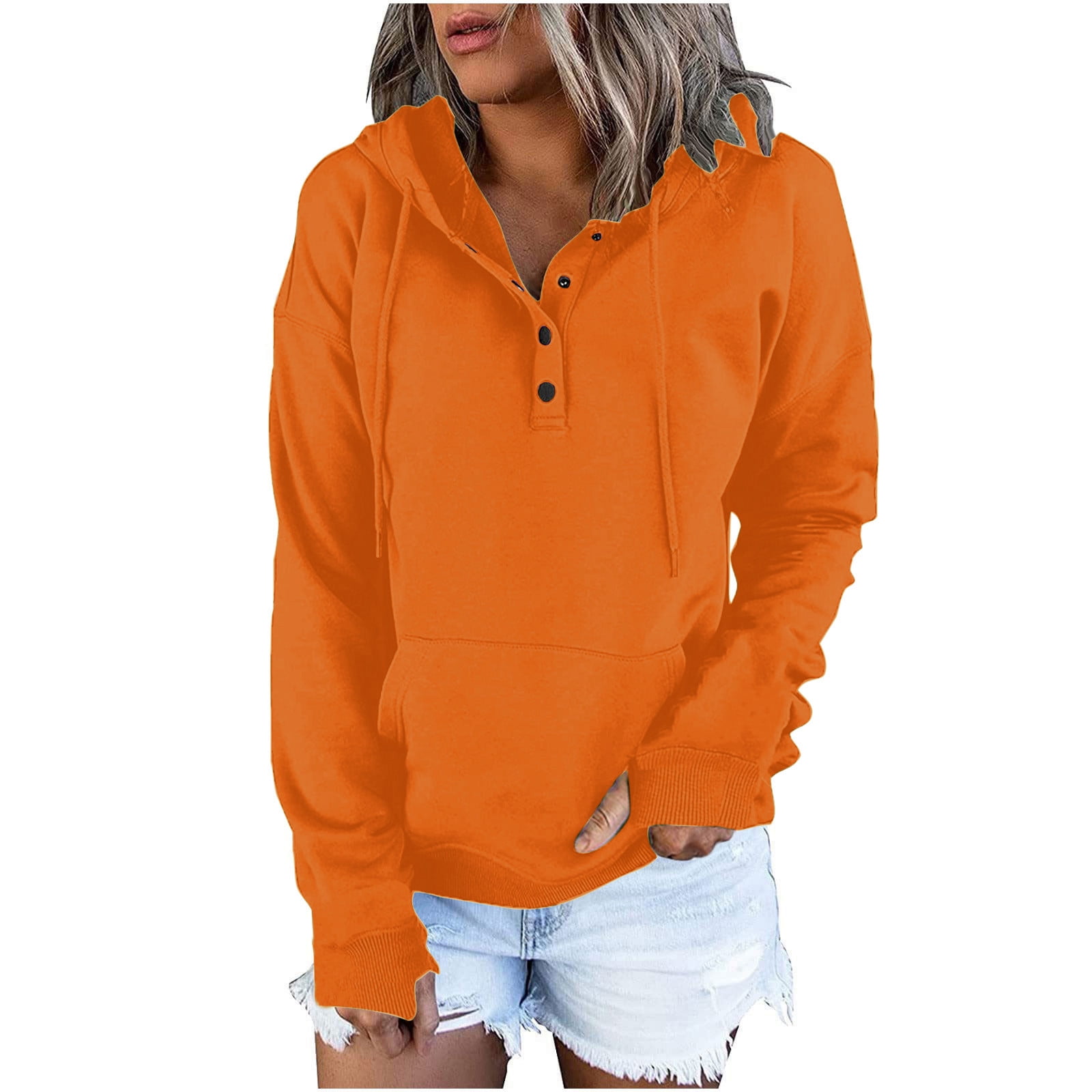BYOIMUD Women's Comfortable Sweatshirt With Thumb Hole Savings Solid Color  Pullover with Kangaroo Pocket Loose Fashion 2023 Long Sleeve Drawstring  Hoodies with Buttons Plus Size Orange L 