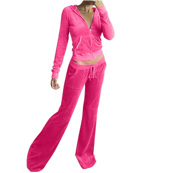 BYOIMUD Women's Comfortable Velour Tracksuit Two Piece Solid Color Stretchy Bell Bottoms Long Sleeve Zip Up Hoodies with Pockets Plus Size Casual Loose Y2K Clothes Fashion
