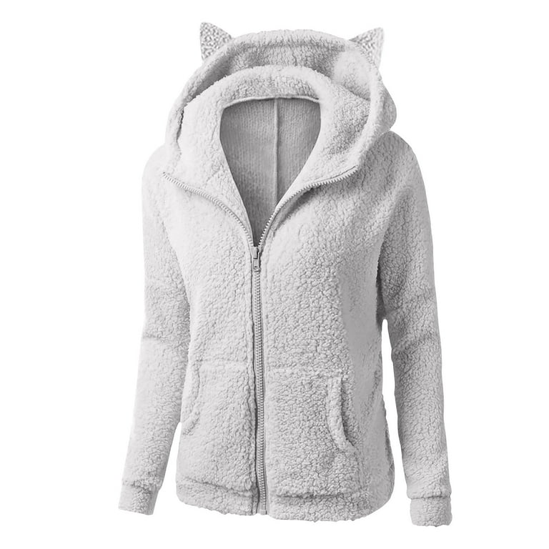 BYOIMUD Women s Comfortable Warm Fleece Jacket with Cat Ear Hat Savings Solid Color Zip Up Hoodies with Pockets Casual Loose Y2K Clothes Fashion 2023 Long Sleeve Hooded Neck Plus Size Gray L