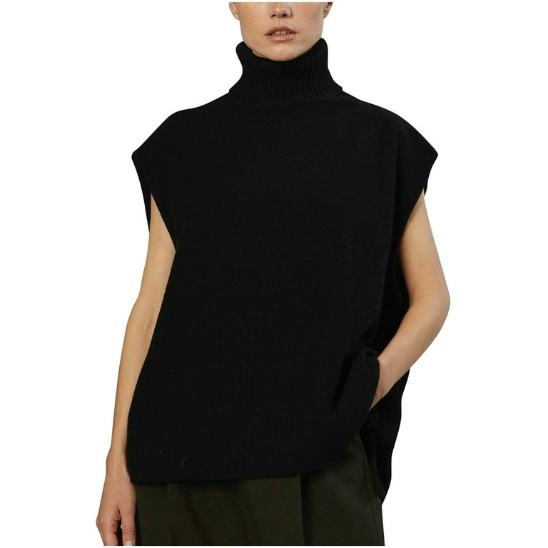 BYOIMUD Women s Comfy Fuzzy Knit Warm Sweater Savings Solid Color Sleeveless Turtleneck Lazy Style Pullover for Winter with Split Hem Plus Size Casual