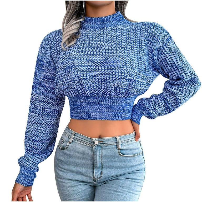 BYOIMUD Women s Fashion Casual Colorful Long Sleeve Off Shoulder High waist Crop Top Crew Neck Knit Sweater For 2023 Women Tops
