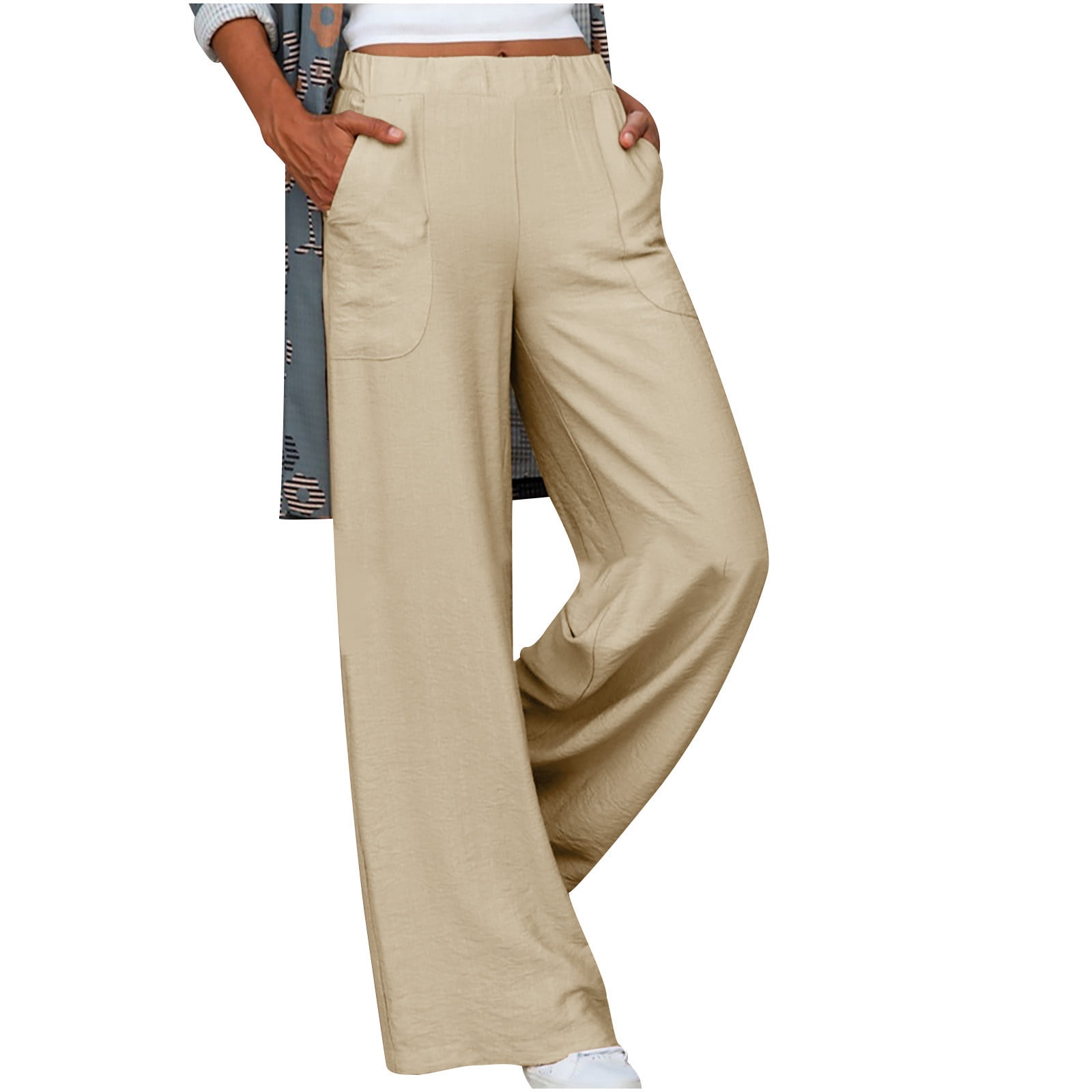 BYOIMUD Women's Long Lounge Pants Savings Cotton and Linen Trousers with  Pockets Elastic Adjusted High Waisted Solid Color Plus Size Casual Loose  Fashion 2023 Gift for Women Beige XL 