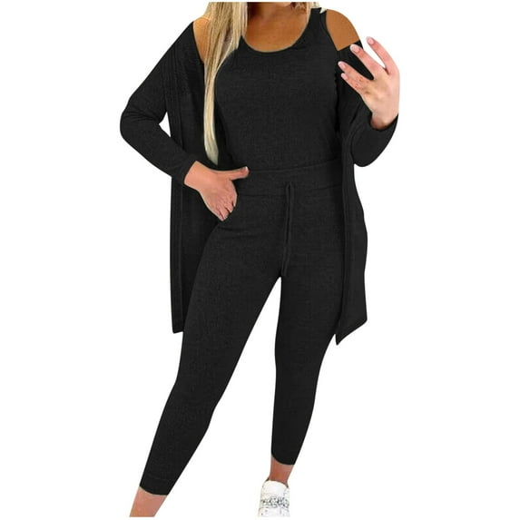 BYOIMUD Women's Three-piece Set Homewear Legging Vest and Tunic Cardigan Solid Color Long Sleeve Cute Clothes Gift for Women Plus Size Fashion Black M