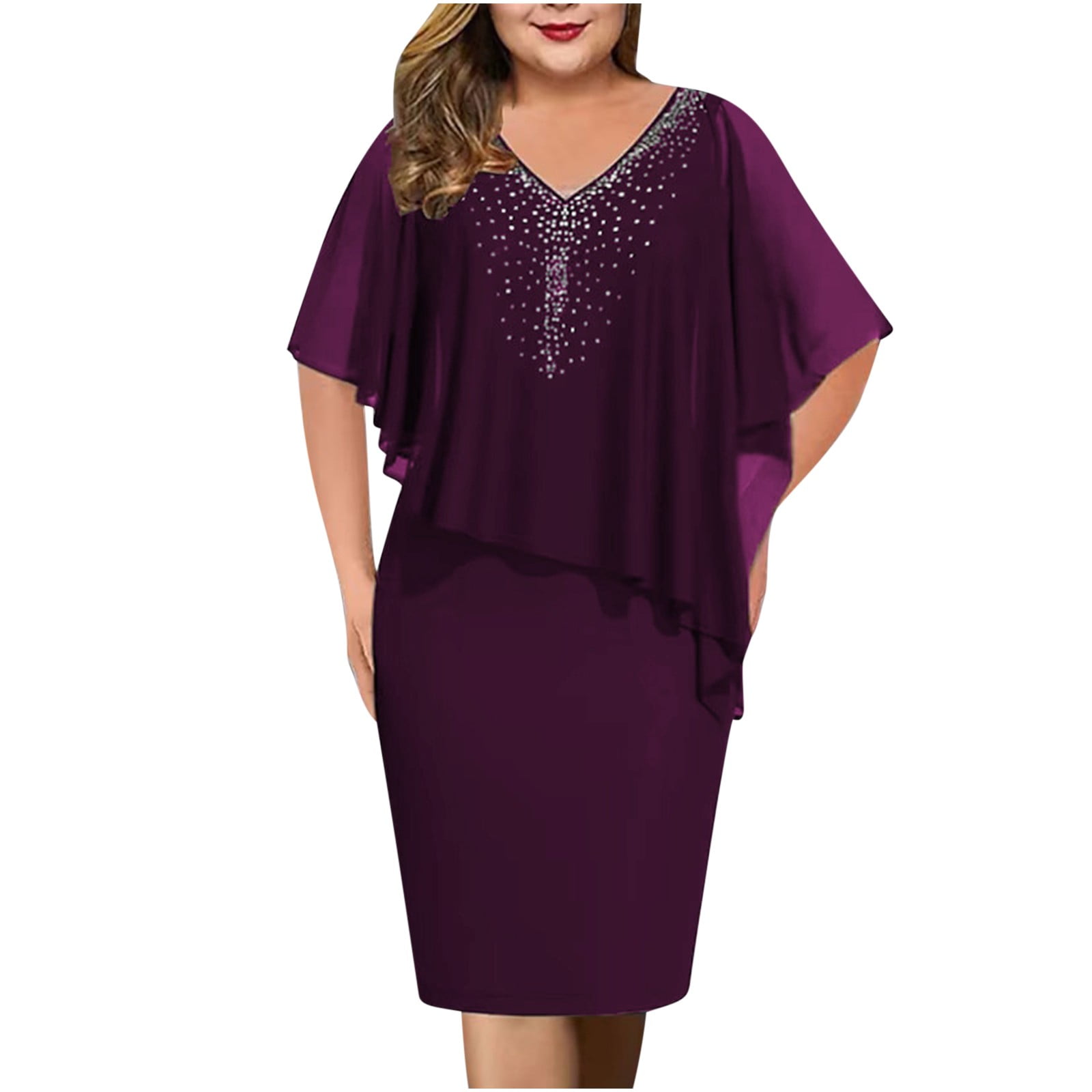 BYOIMUD Women's Trendy Hot Drilling Chiffon Dress Savings Pattern Print  Bodycon Dress for Party Cape Sleeve Top Cape Top V-Neck Plus Size Casual  Loose Y2K Clothes Fashion 2023 Purple L 
