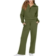 BYOIMUD Women's Trendy Tops and Pants Two-piece Sport Set Savings Solid Color Wide Leg Sweatpants Long Sleeve 1/2 Zip up Collared Sweatshirt Plus Size Casual Y2K Clothes Fashion 2023 Army Green L