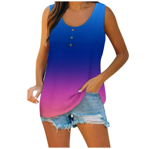 BYOIMUD Women's Tunic Tank Tops Button up Swing Vest Gradient Color Sleeveless Crewneck Cute Clothes for Teen Girls Womens Plus Size Summer Blouse Blue L