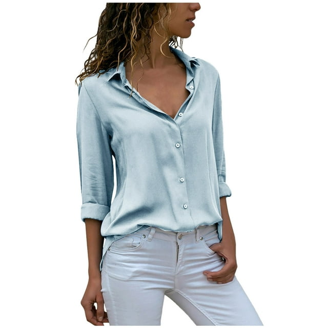 BYOIMUD Womens Chiffon Button Down Shirts Fall Basic Plain Cute Tees ...