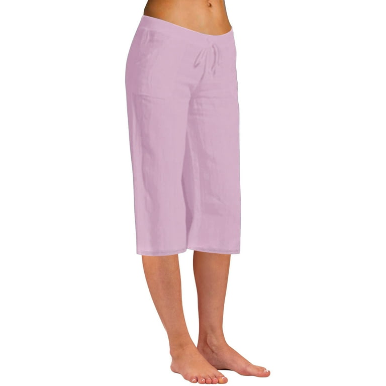 BYOIMUD Womens Elastic Waist Capris Pants Summer Fashion 2023 Casual Loose Pants Pocket Long Solid Color Trousers Workout Pants for Ladies Pink XXXL