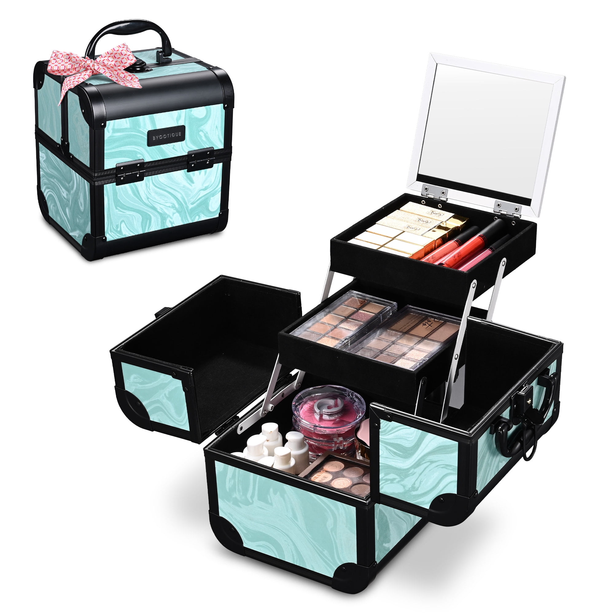 BYOOTIQUE Makeup Train Case 2-Tier Trays Portable Cosmetic Cases Travel ...