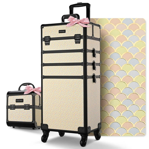 BYOOTIQUE Makeup Train Case Trolley w/ Cube Case Cosmetic Organizer Art Deco Pastel