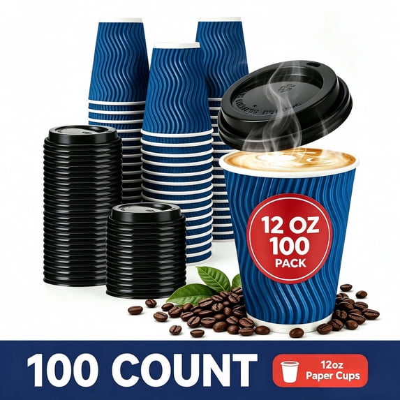 BYSNOW 12oz Disposable Coffee Cups with Lids, To Go Coffee Cups, Hot Paper Cups, 100 Count